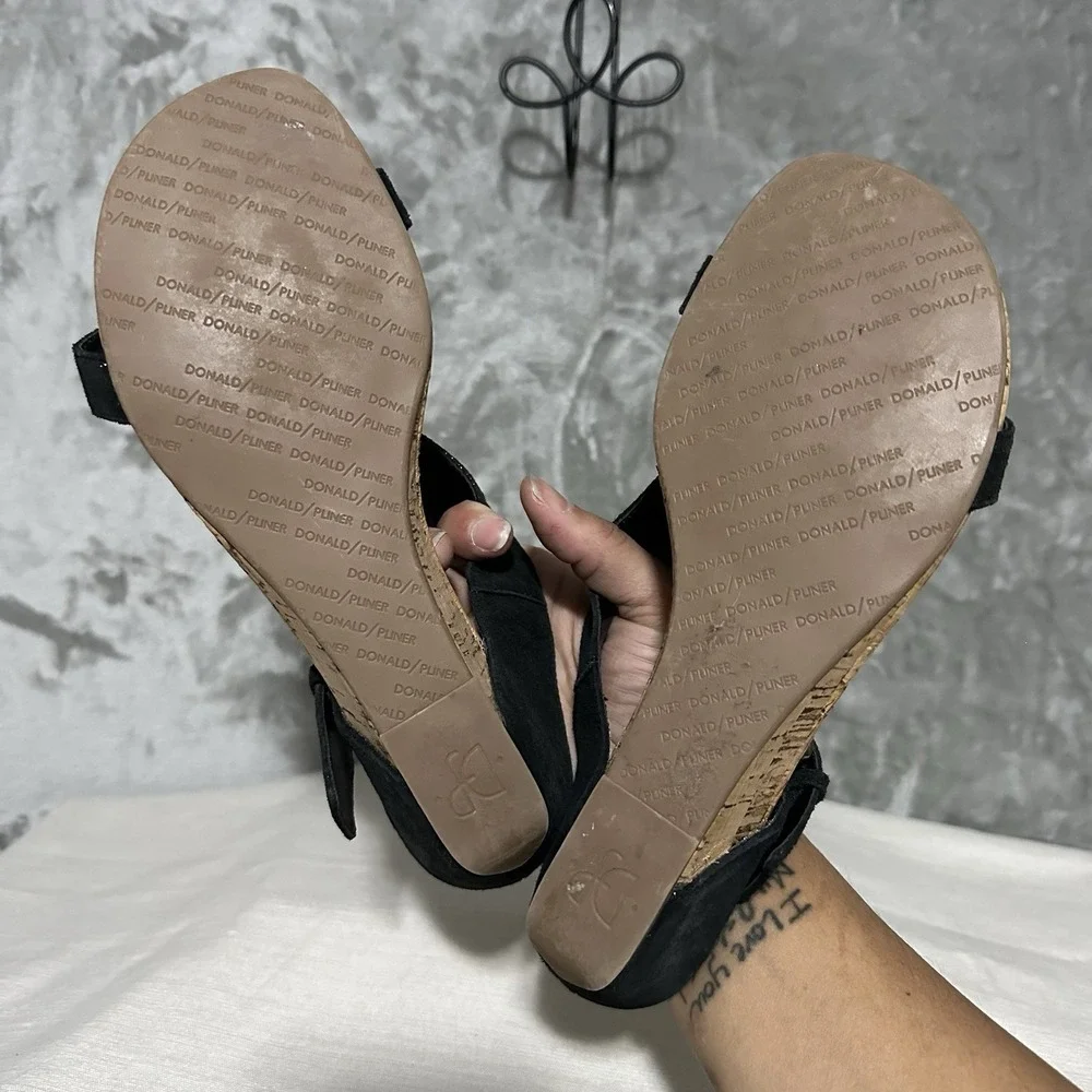Donald Pliner Donni Metallic Leather Cork Thong Wedge Sandals Womens‎ 7.5M Black